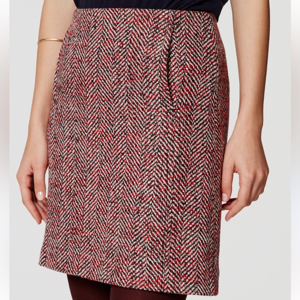 Loft Red Black & White Herringbone Tweed Wool Blend Clueless Mini Skirt WN 8 - Picture 1 of 10